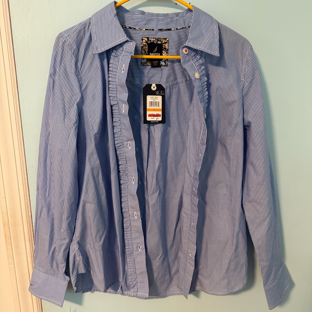 NWT Nautica Blue Striped Ruffle Button Down Shirt - S